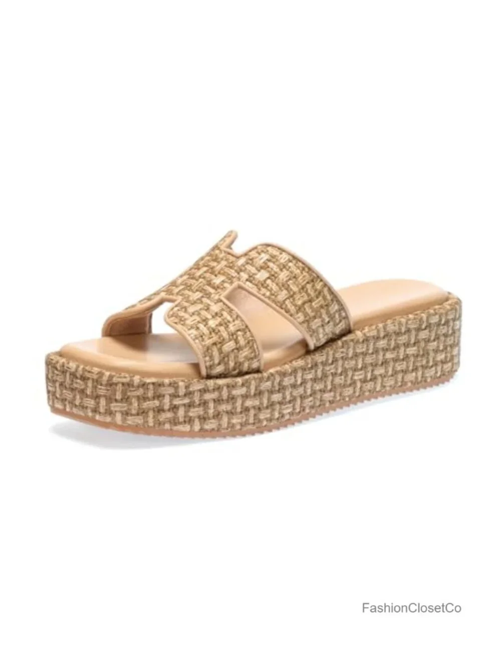 Woven Raffia Espadrille Platform Sandals Slip-On Wedge Slides